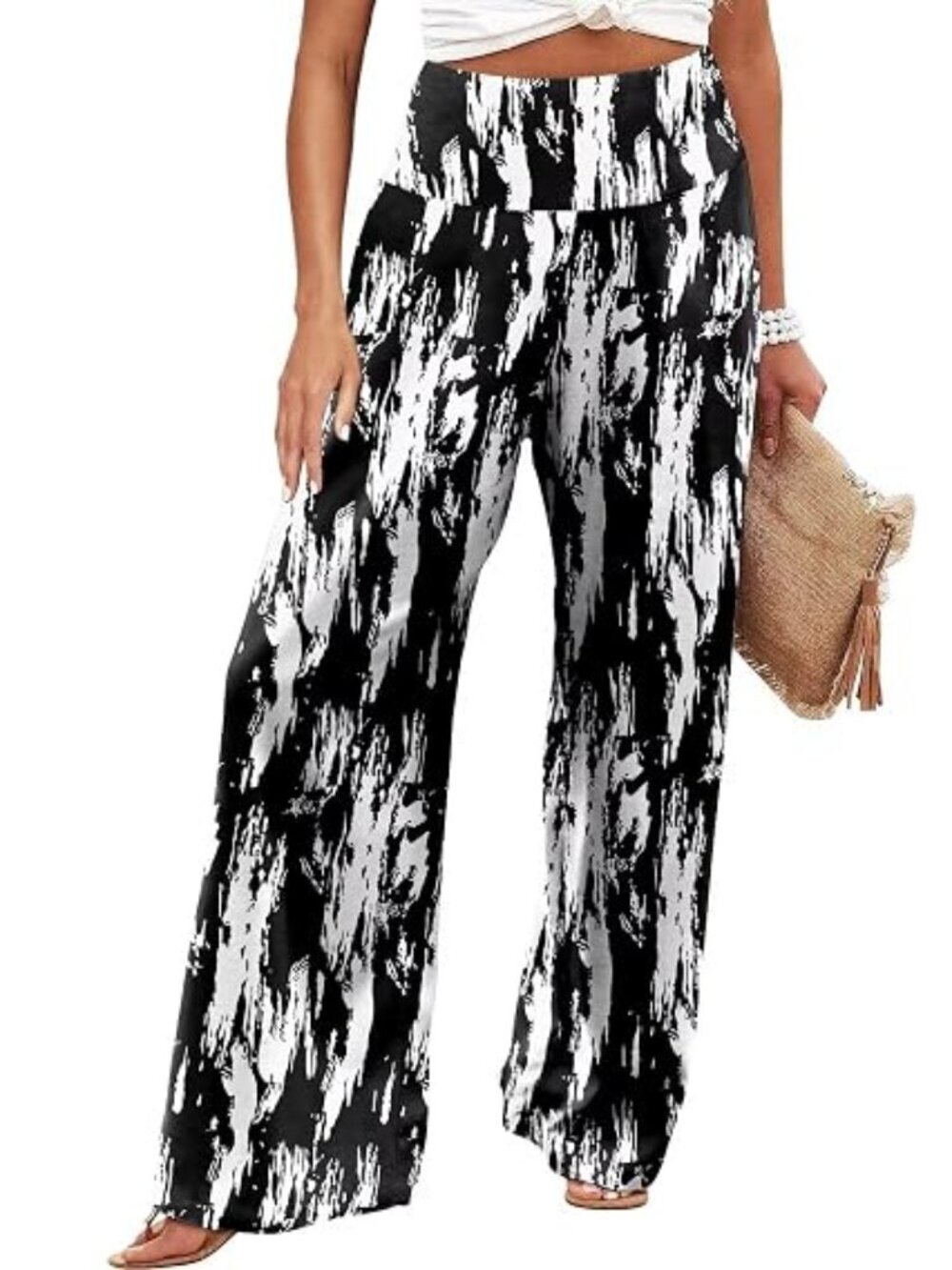 "B/W Brush Strokes" LNC Stretchy Wide Leg Lounge Palazzo Flat Front Pants 3XL